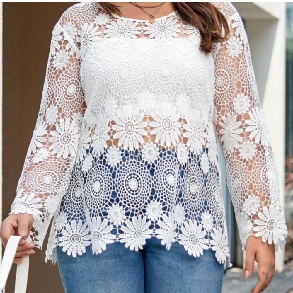 Elegant White  Crochet Blouse with Long Sleeves